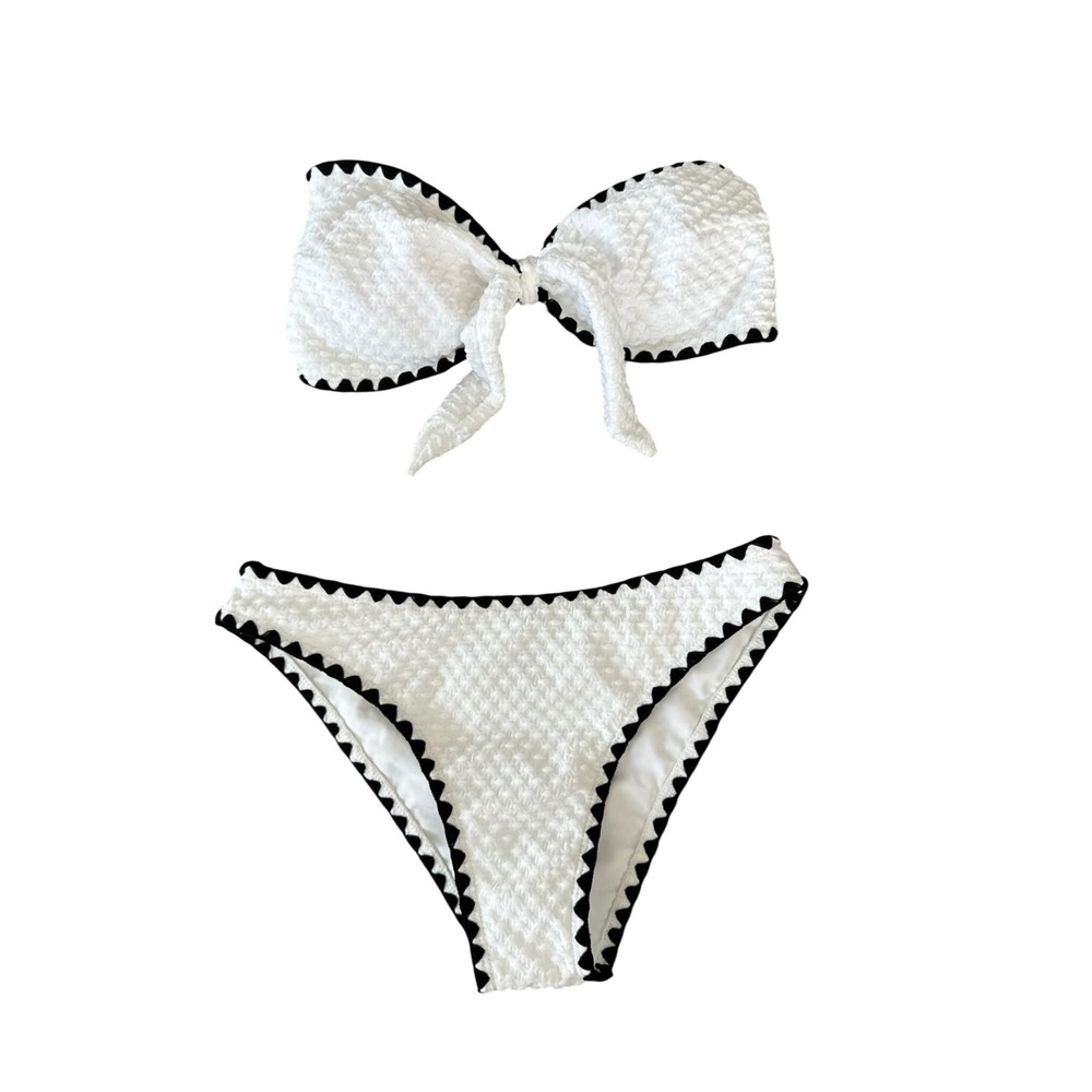 Zaful White Textured Scalloped Trim‎ Bandeau Tie Front Bikini Set New